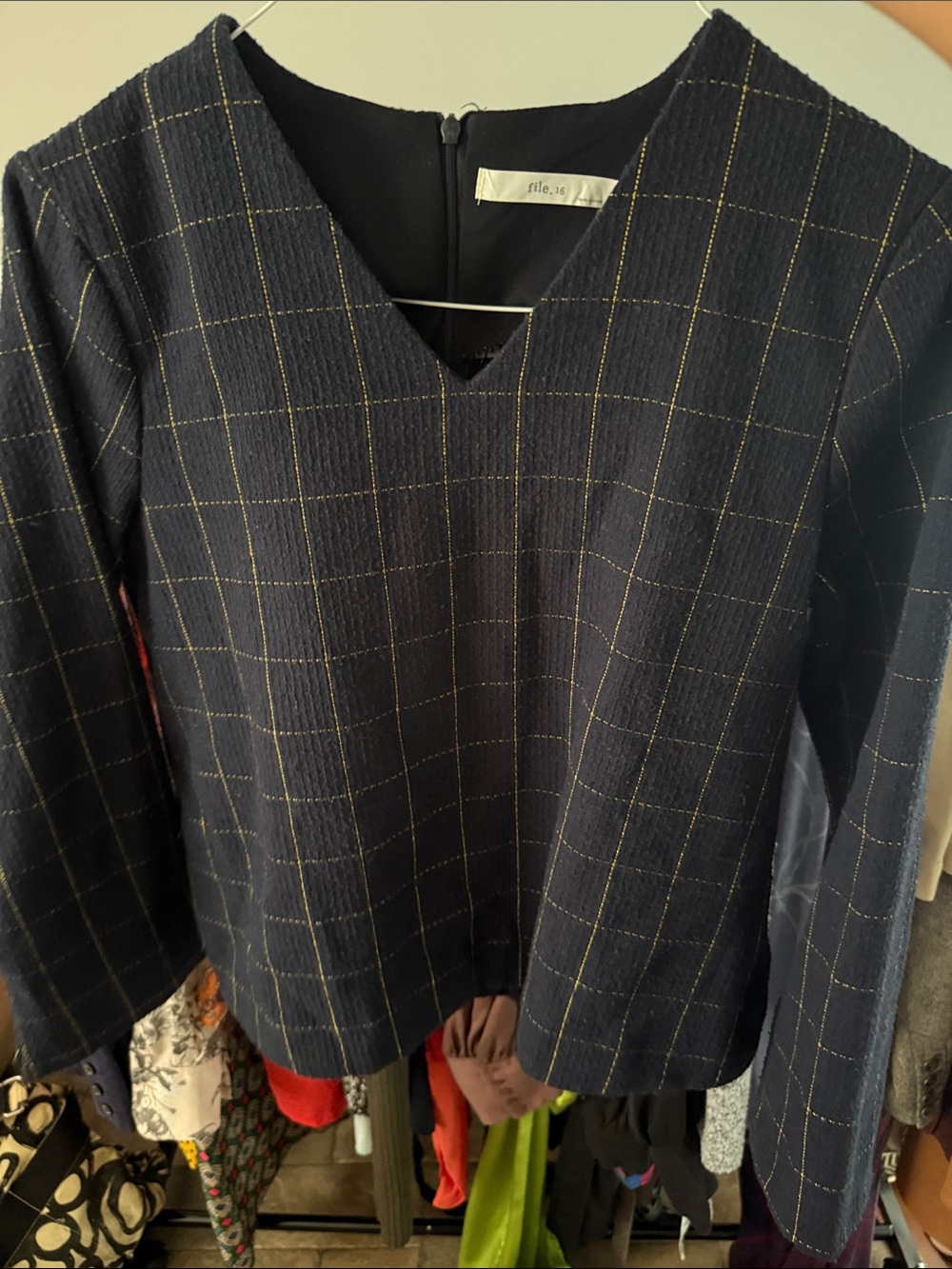 Navy Windowpane V-Neck Tunic Top